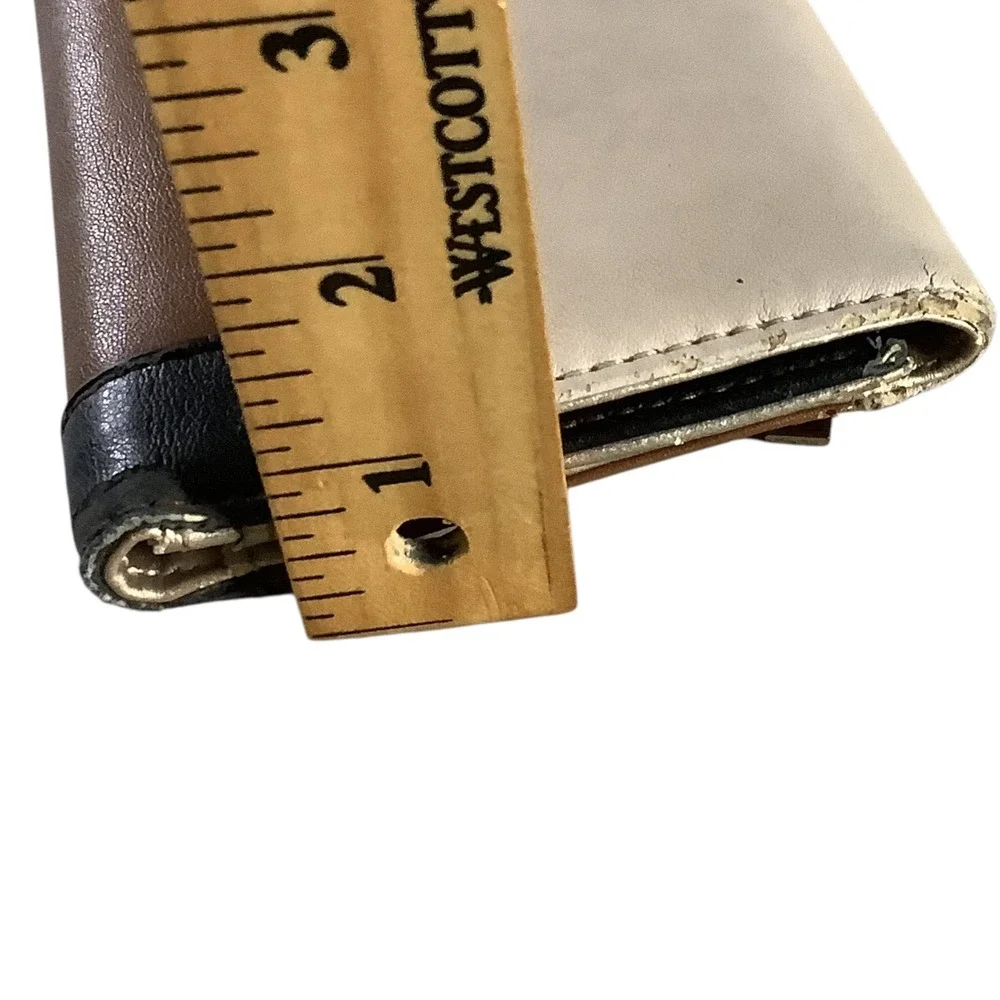 GUESS Tri-Fold Wallet Womens Tan Cream Black Colorblock Logo Faux Leather